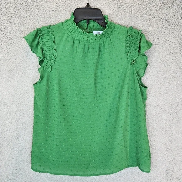 CeCe Womens Top Sz S Green Swiss Clip Dot Mock Neck Ruffles Teacher Career - Picture 2 of 12